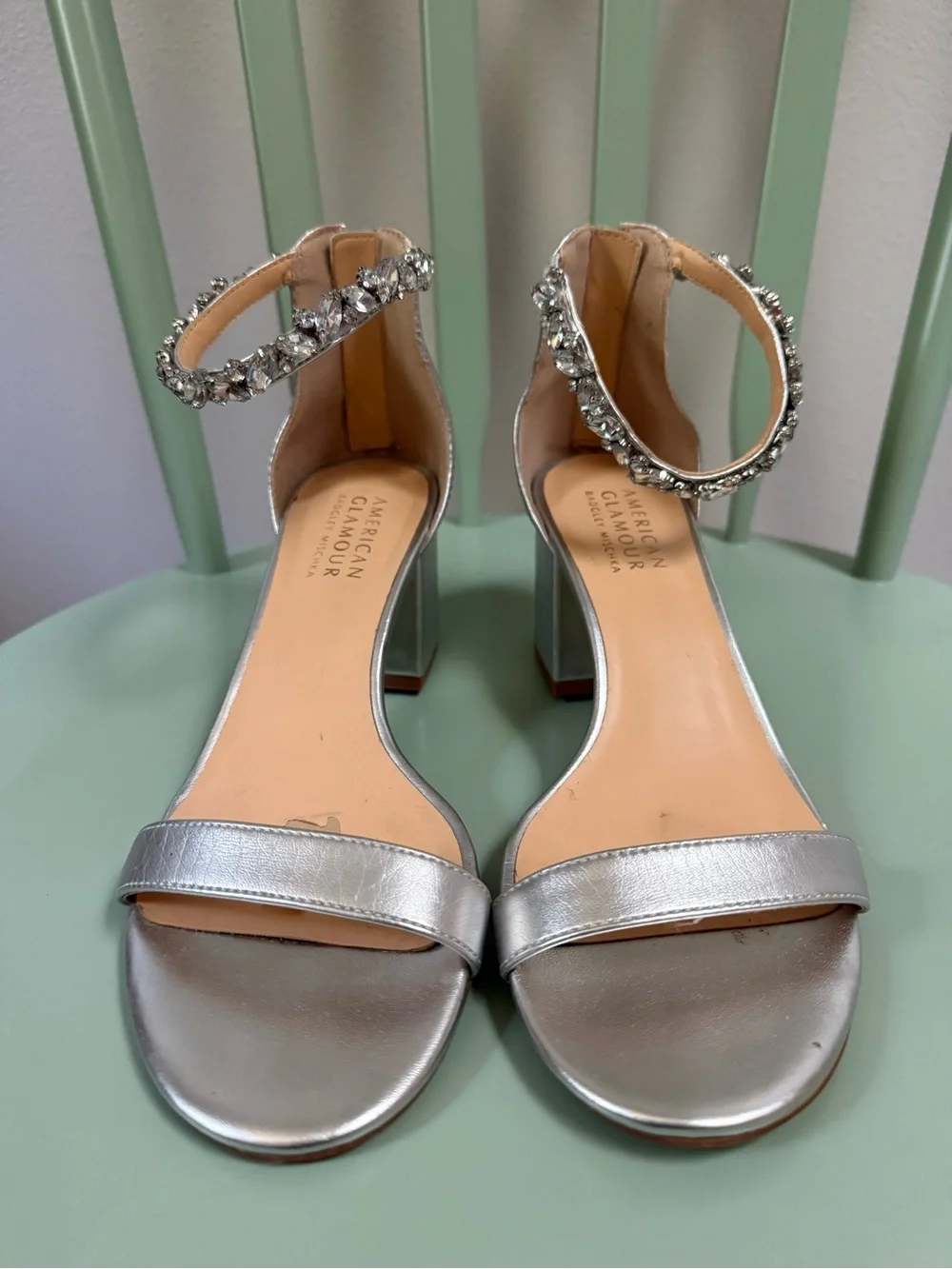 Badgley Mischka Silver Jeweled Ankle-Strap Block Heels